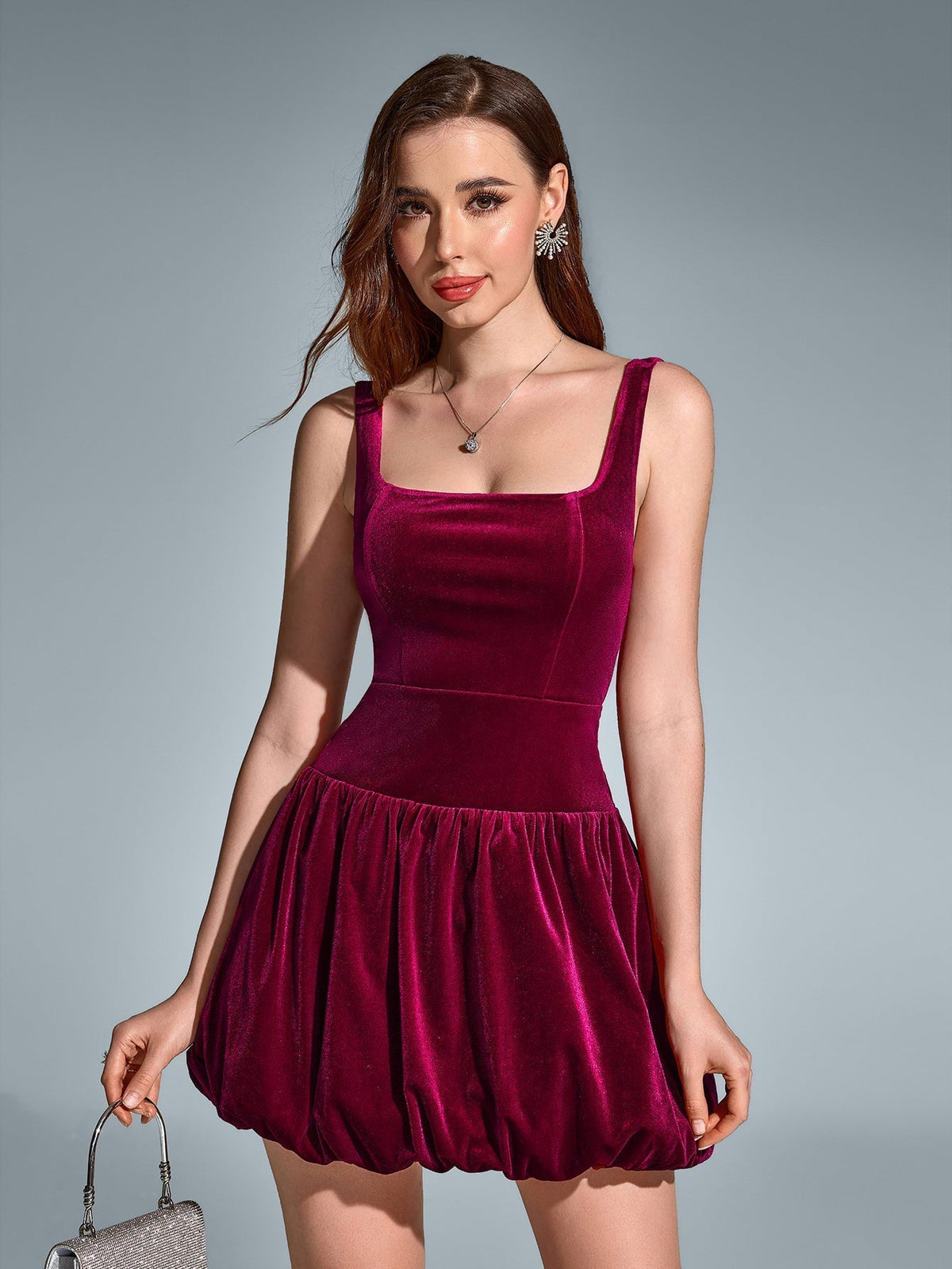 Square Neck Backless Velvet Pleated Hem Dress - View 4