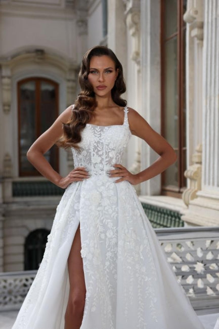 A-Line Square Neck Appliques Stain Sleeveless Wedding Dress with High Split - Fashionpara