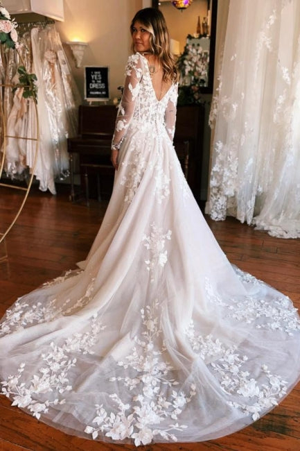 Glamorous A-Line Square Neck Long Sleeves Lace Wedding Dress - Fashionpara