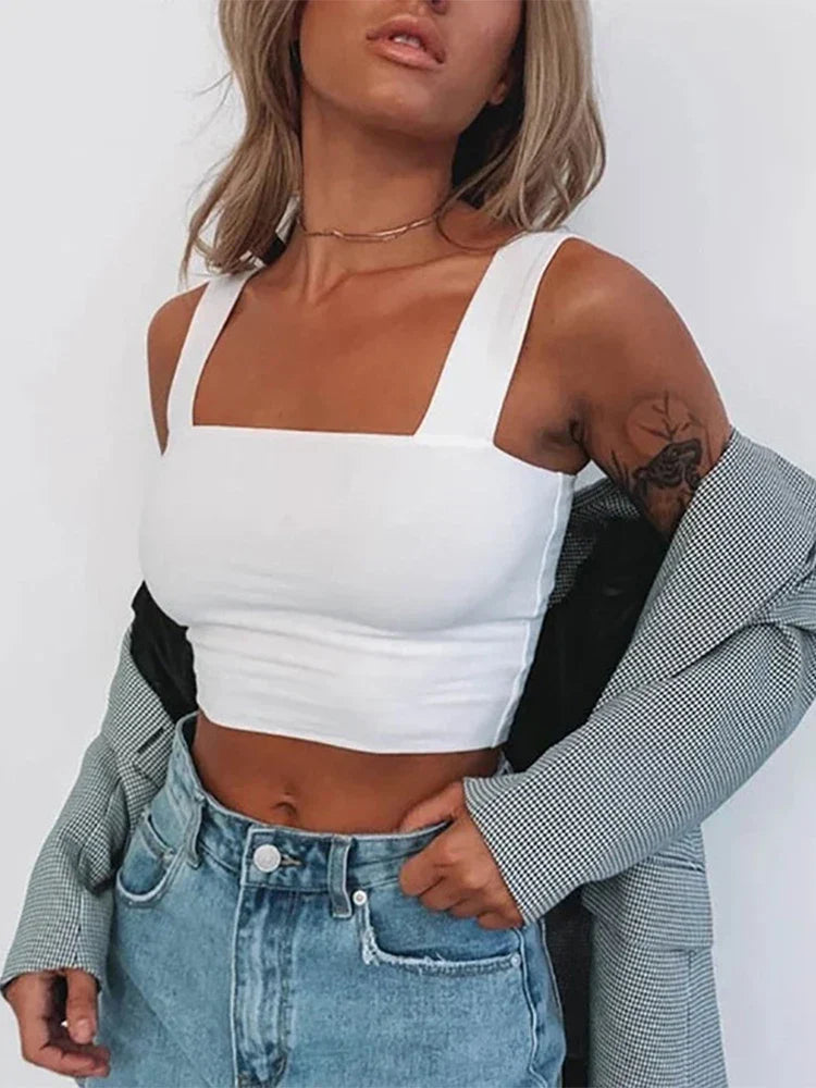 Square Neck Sleeveless Summer Crop Women Black Casual Basic T Shirt Off Shoulder Cami Sexy Backless Tank top