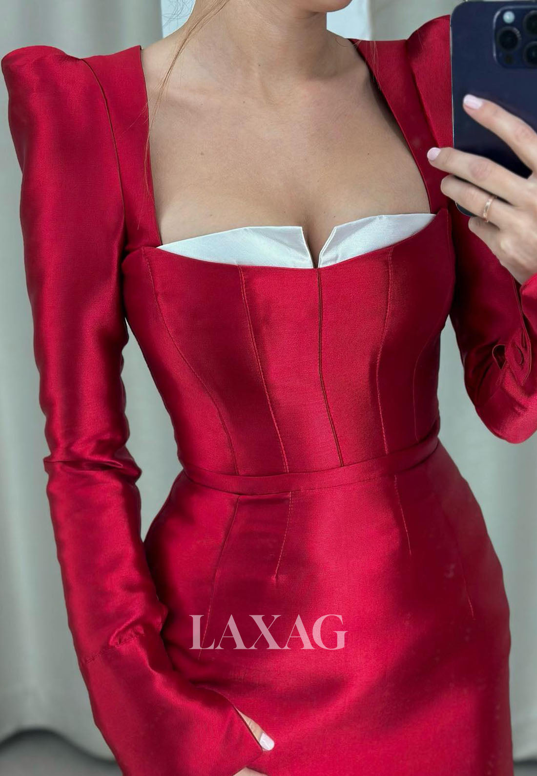 Square Long Sleeves Sleek Satin Elegant Party Homecoming Dress - Fashionpara