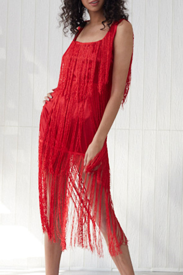 Red Square Backless Tassel Dress - Mislish