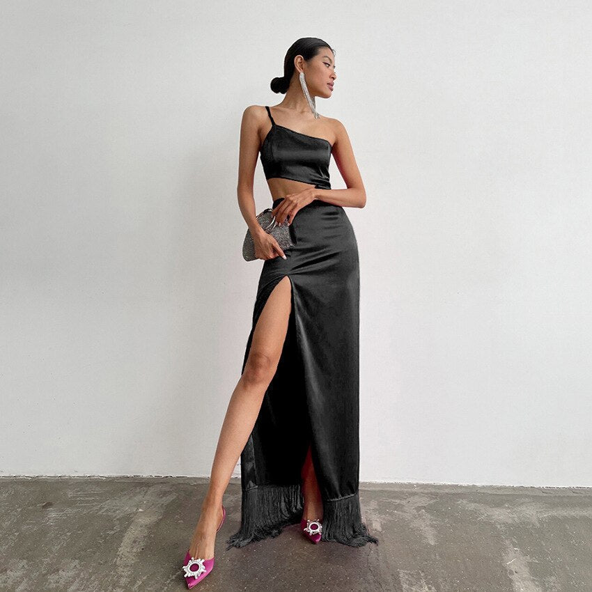 Satin One-Shoulder Cutout Tassel-Hem Maxi Dress 6