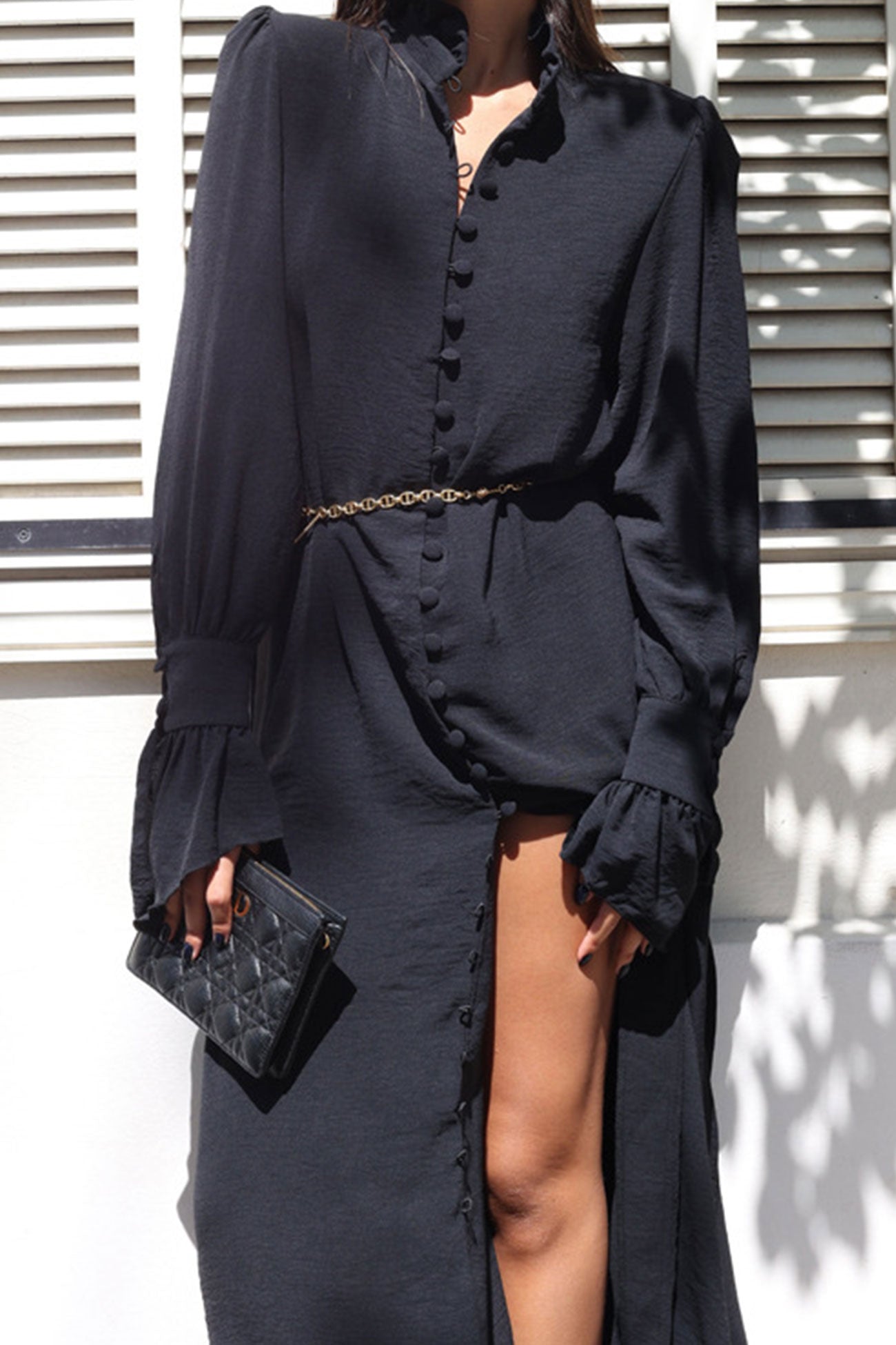 Stand Neck Single-breasted Shirt Dress