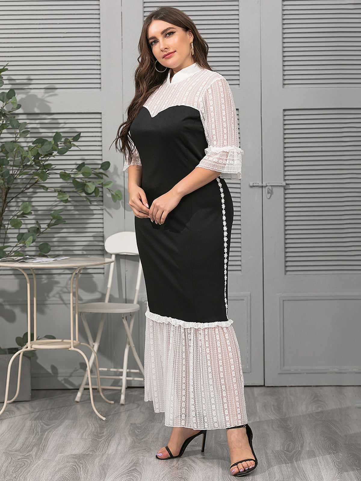 Lace Panel High Neck Tiered Maxi Dress