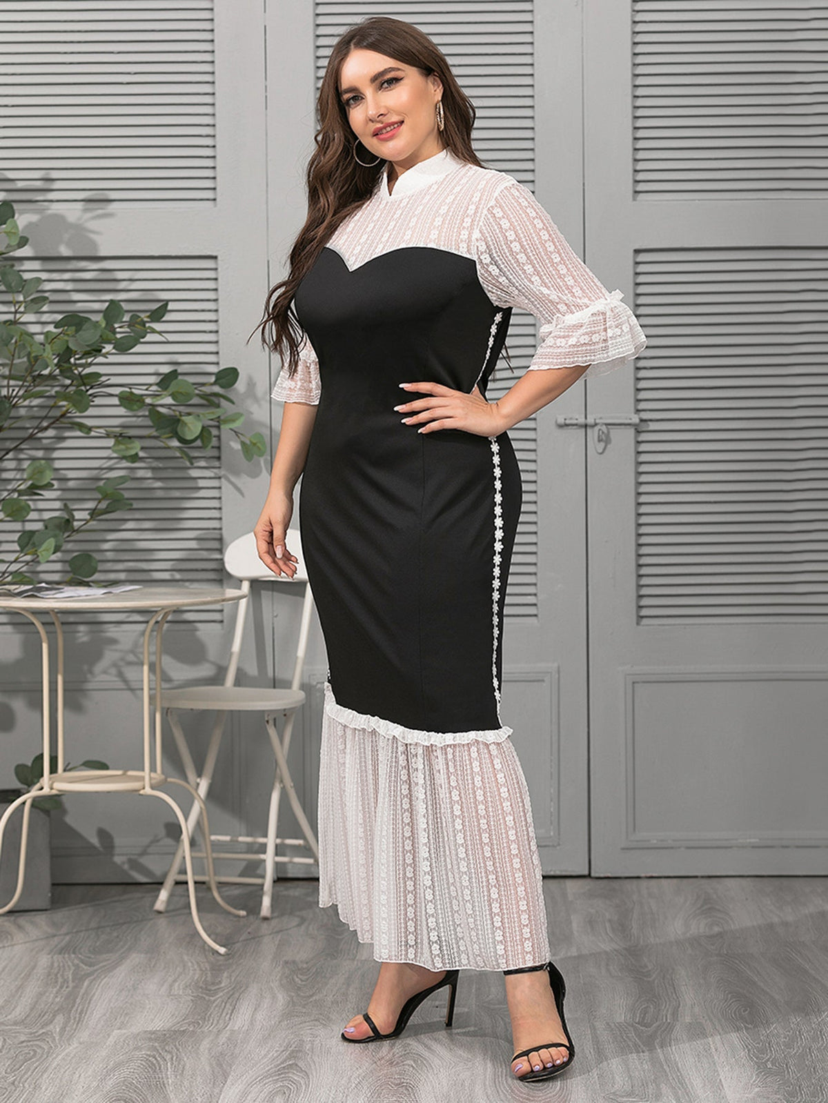Lace Panel High Neck Tiered Maxi Dress