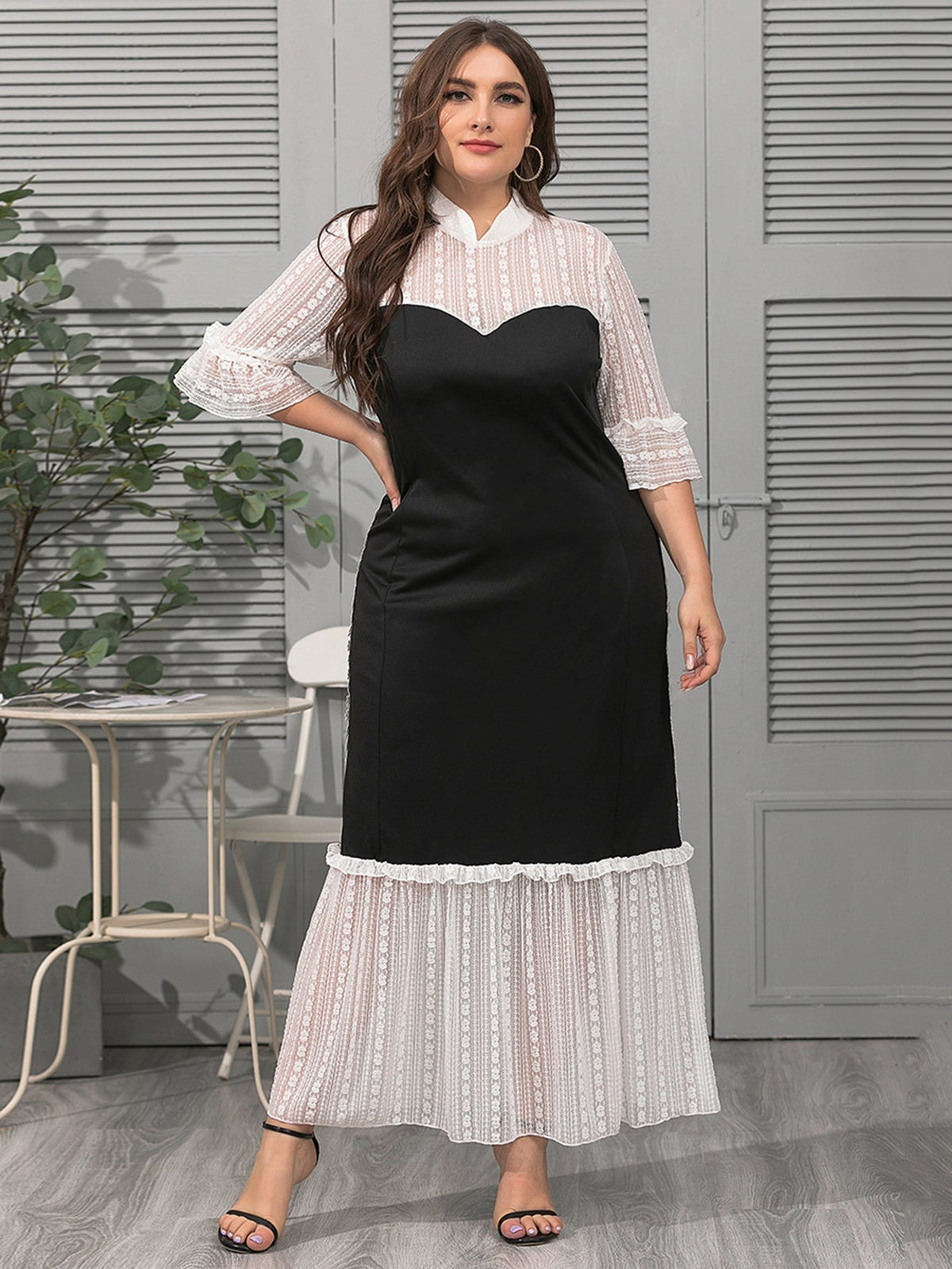 Lace Panel High Neck Tiered Maxi Dress