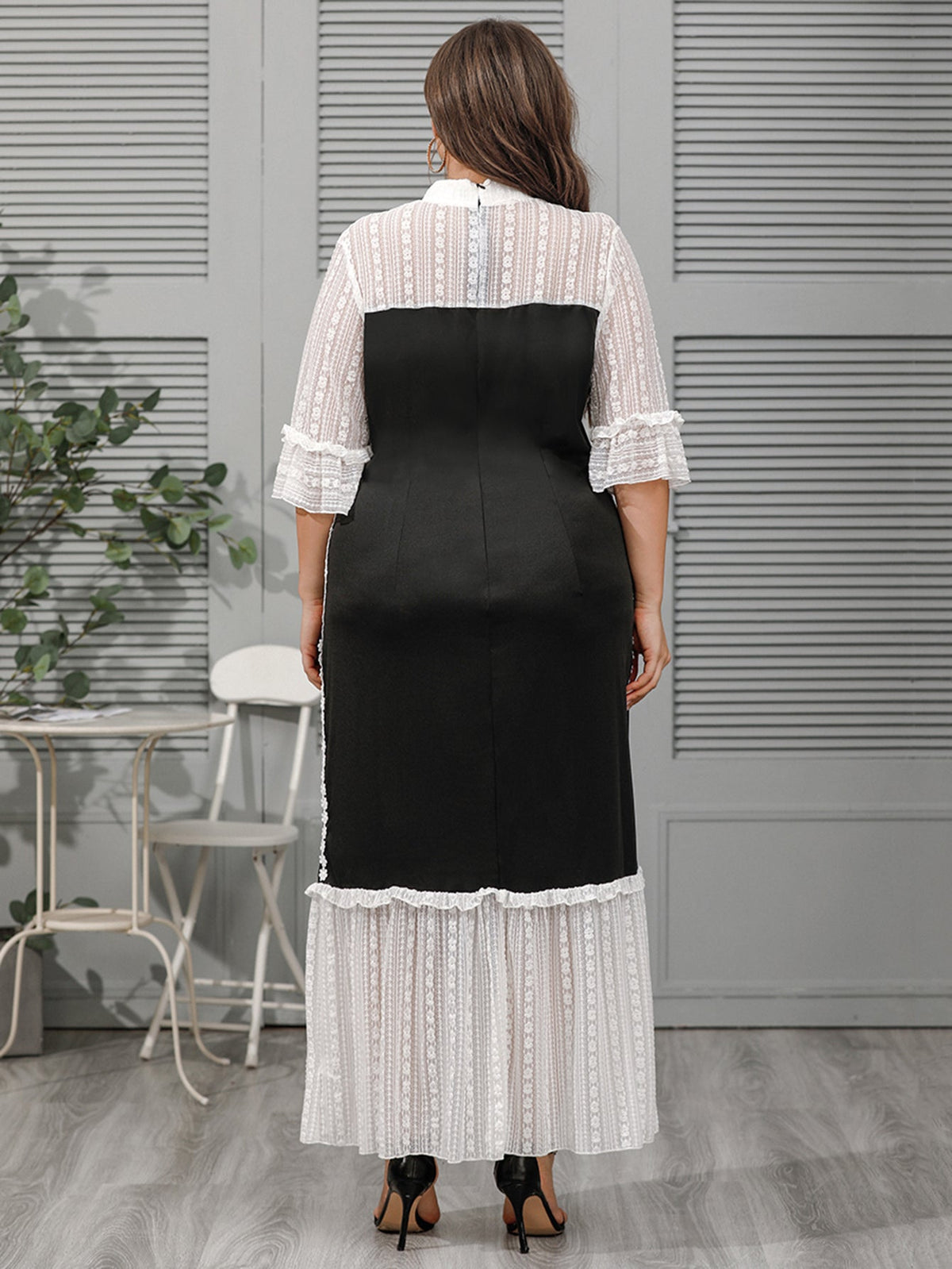 Lace Panel High Neck Tiered Maxi Dress