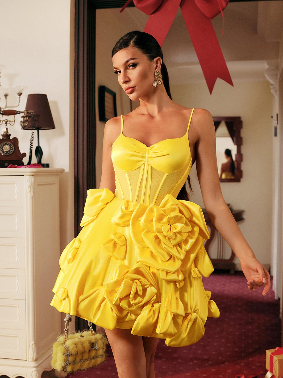 Satin Spaghetti Strap Corset Rosette Mini Dress - View 4