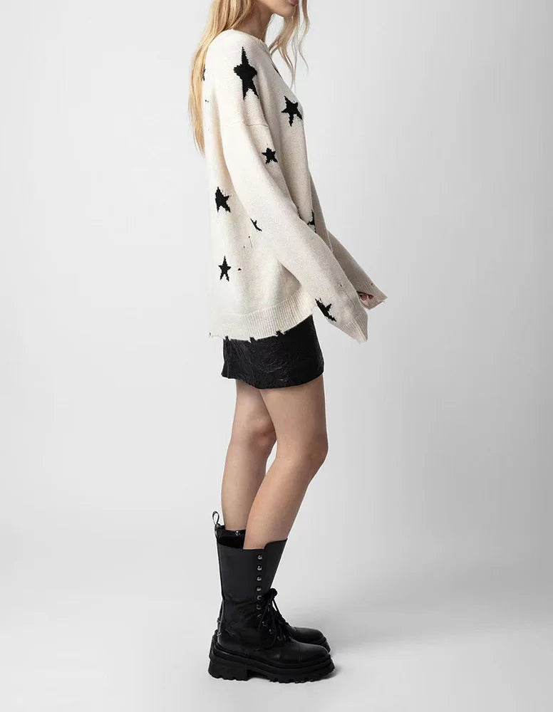 Star Ripped Cashmere Knit Pullover Casual Long Sleeve Knit Top