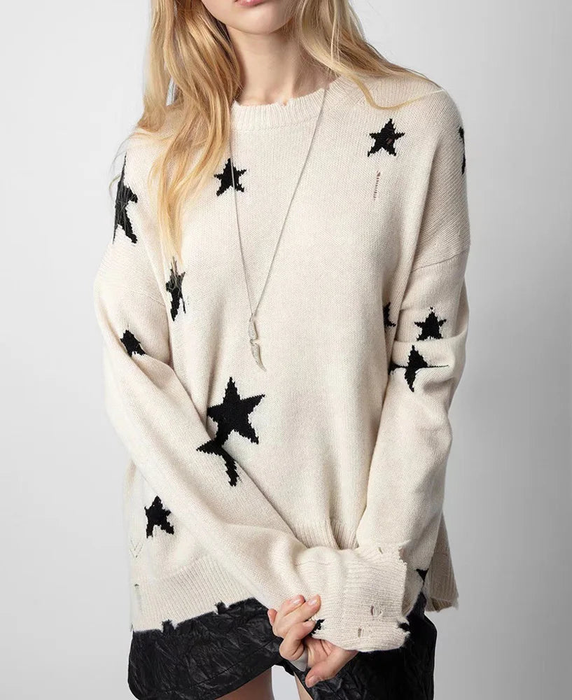 Star Ripped Cashmere Knit Pullover Casual Long Sleeve Knit Top