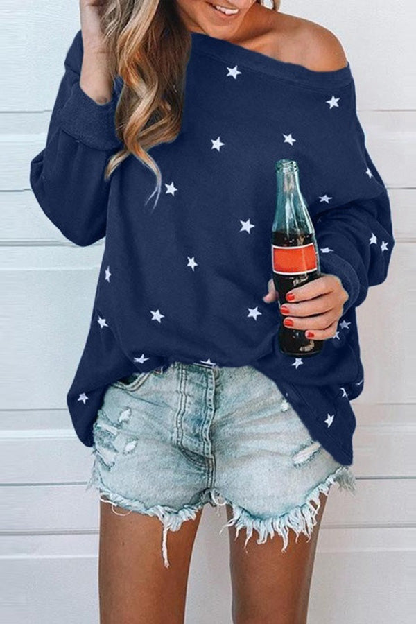 Star Print One Shoulder Casual Sweatshirt - Mislish