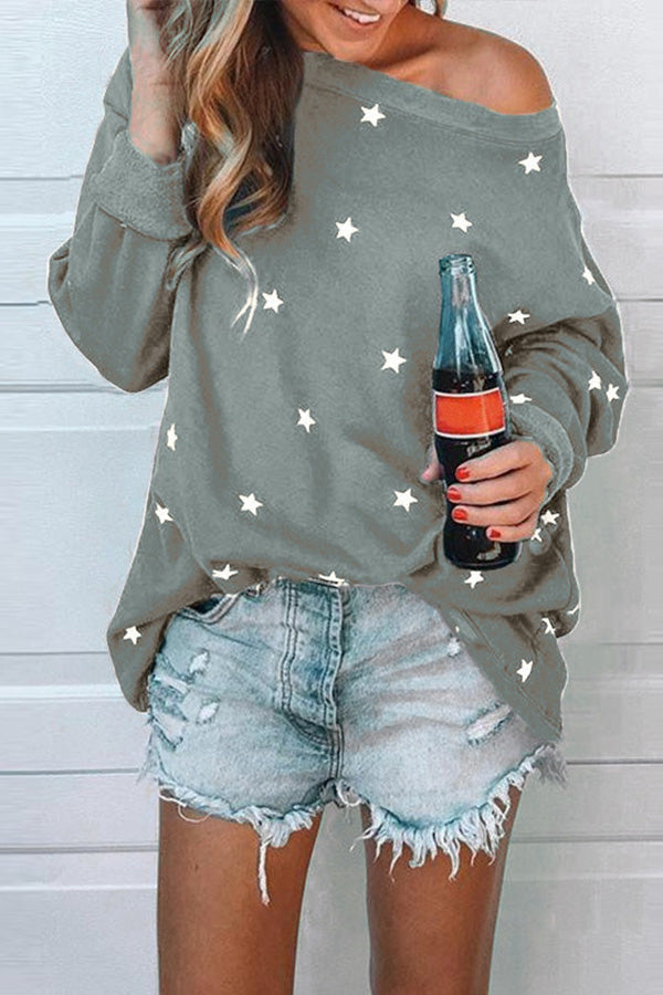 Star Print One Shoulder Casual Sweatshirt - Mislish