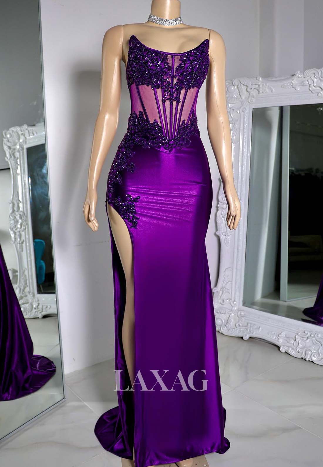 Scoop-Neck Sleeveless Off-Shoulder Beaded Sequined Applique Mermaid Prom Dress for Black Girl