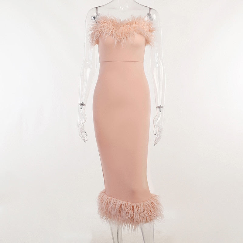 Satin Strapless Feather-Trim Bodycon Midi Dress 5