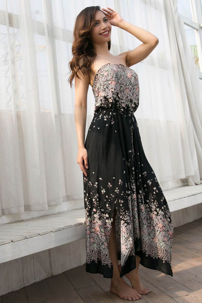 Strapless Open Back Slit Tie Front Floral Dress