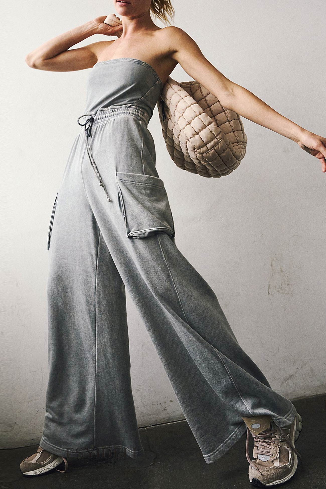 Strapless Tie-waist Pocketed Jumpsuits - Fashionpara