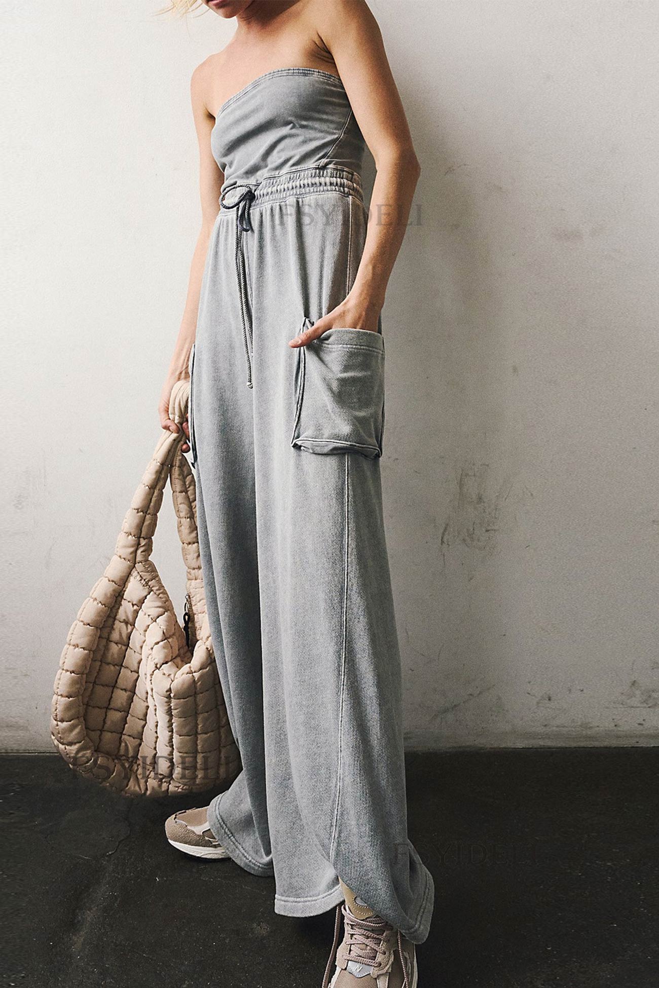 Strapless Tie-waist Pocketed Jumpsuits - Fashionpara