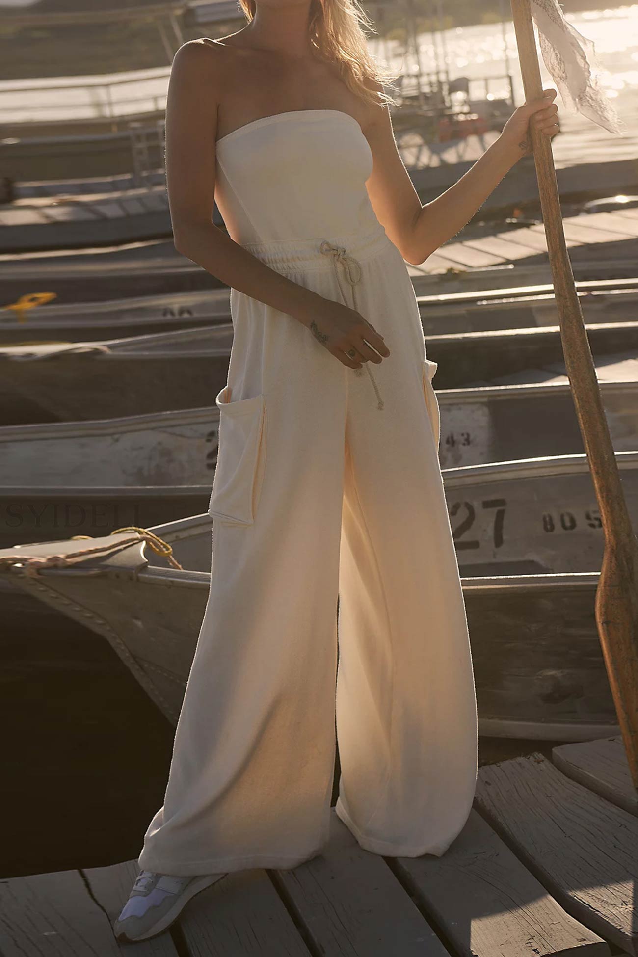 Strapless Tie-waist Pocketed Jumpsuits - Fashionpara