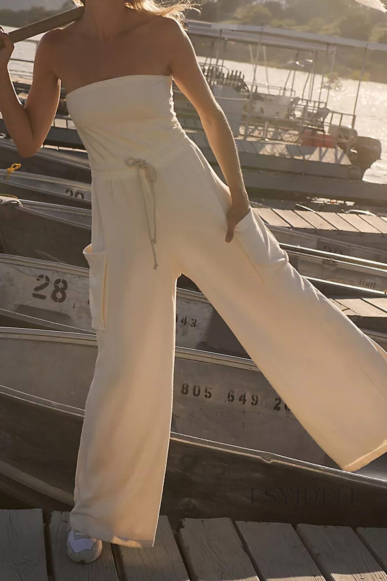 Strapless Tie-waist Pocketed Jumpsuits - Fashionpara