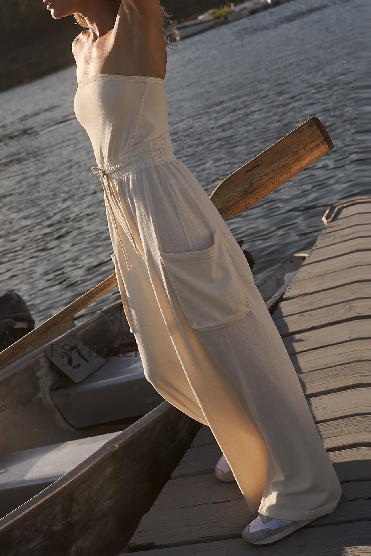 Strapless Tie-waist Pocketed Jumpsuits - Fashionpara