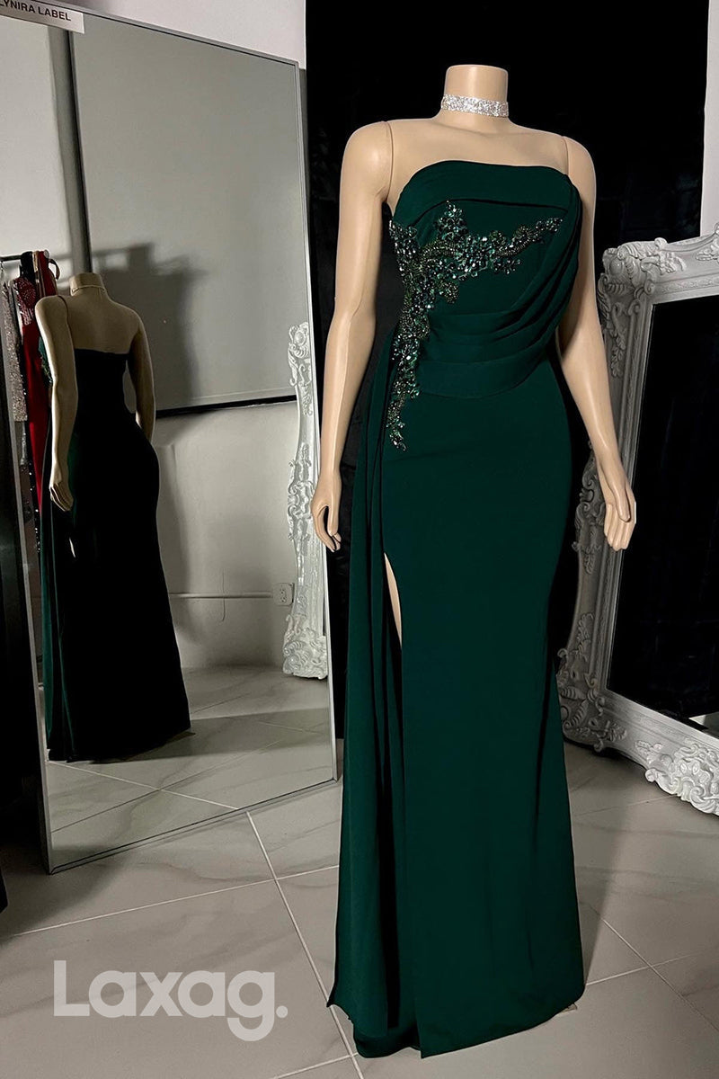 22530 - Strapless Beaded High Slit Prom Dresses for Black Girl Slay with Train - Fashionpara