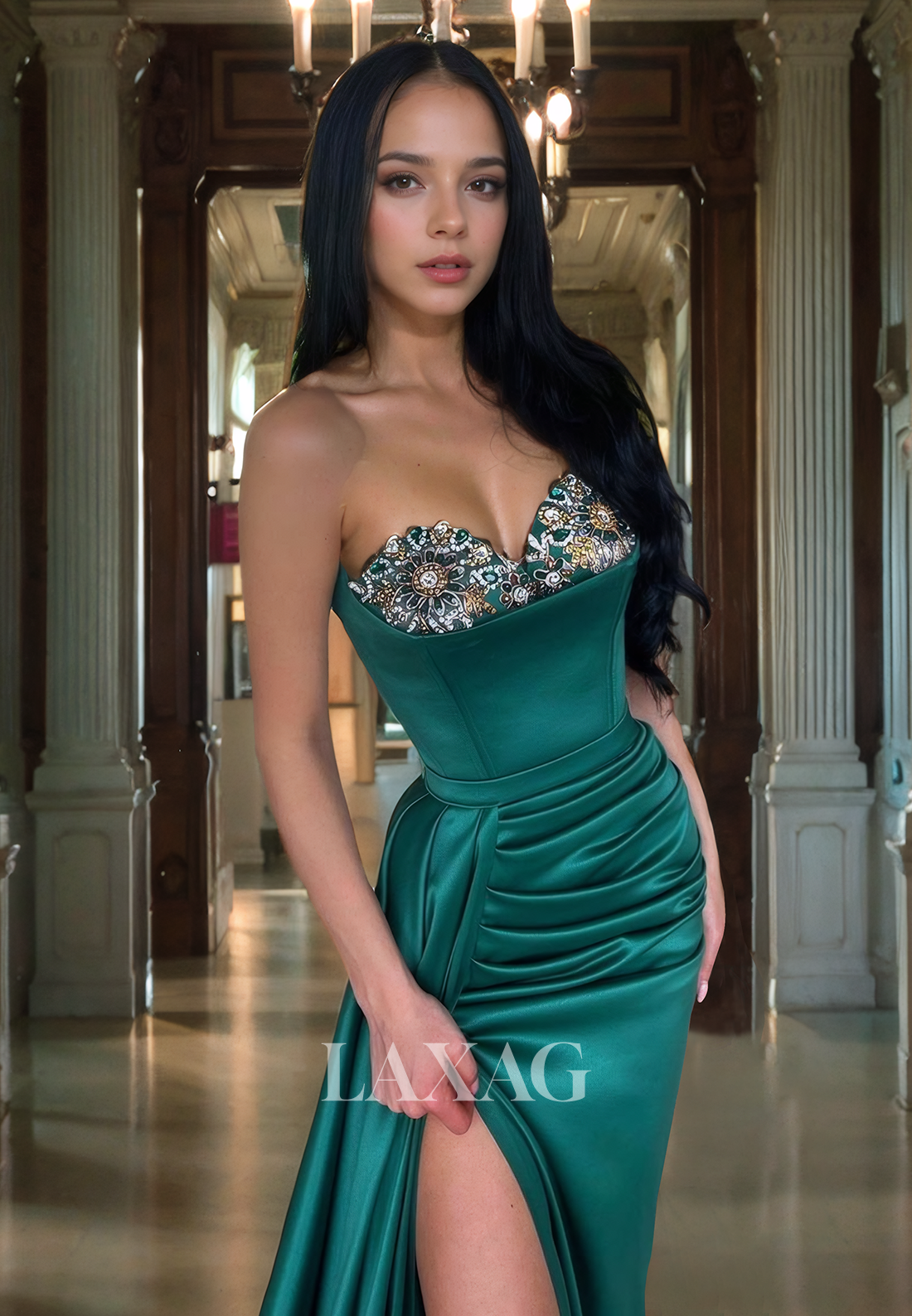 Sweetheart Crystal Draped Satin Prom Evening Dress With Slit - Fashionpara