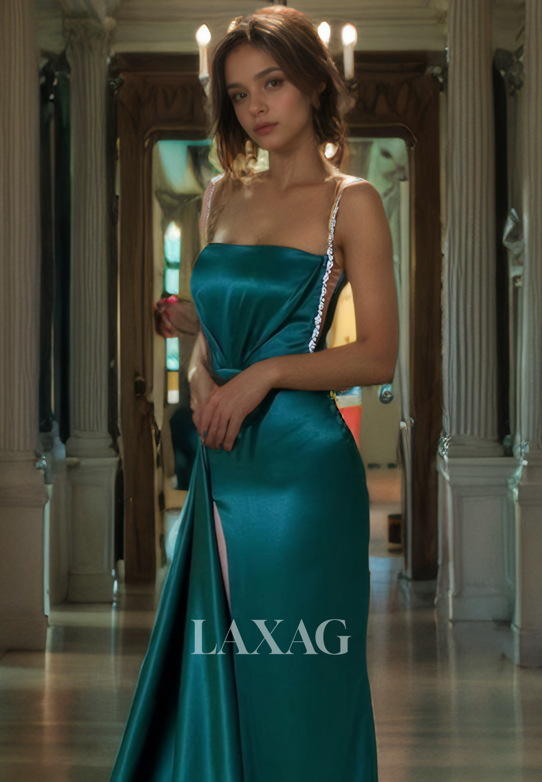 Spaghetti Straps Beaded Satin Party Gowns High Slit Pleated Formal Prom Dress with Sweep Train - Fashionpara