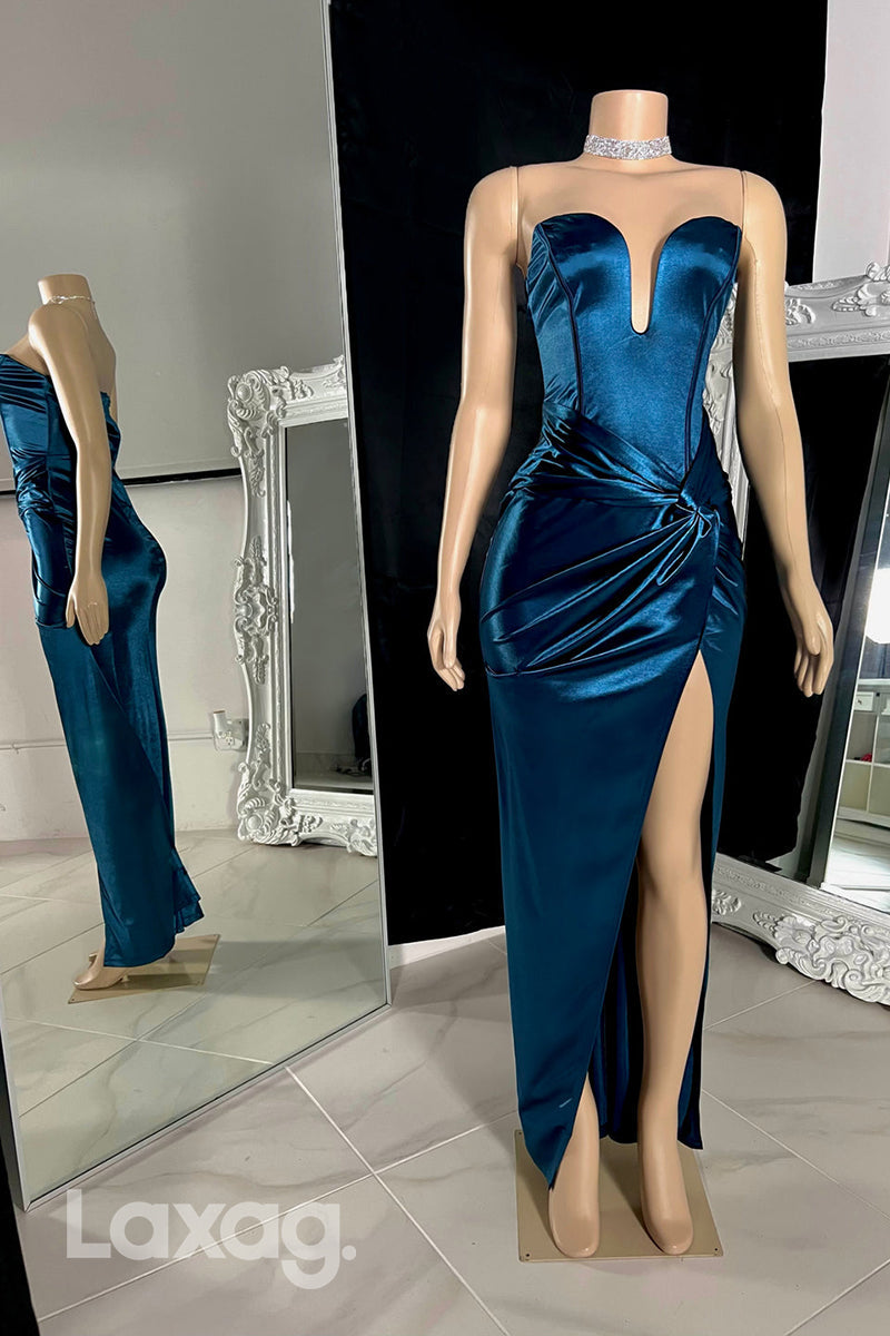 22531 - Strapless High Slit Draped Sleek Satin Prom Dresses for Black Girl Slay - Fashionpara