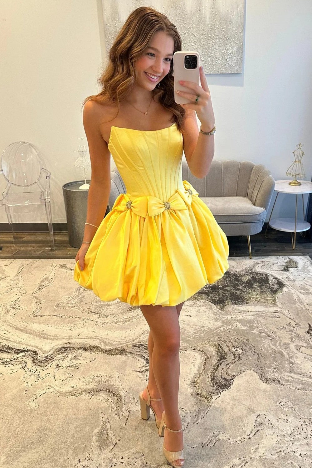 Strapless Satin Bubble Hem A-Line Homecoming Dress with Bow Accents