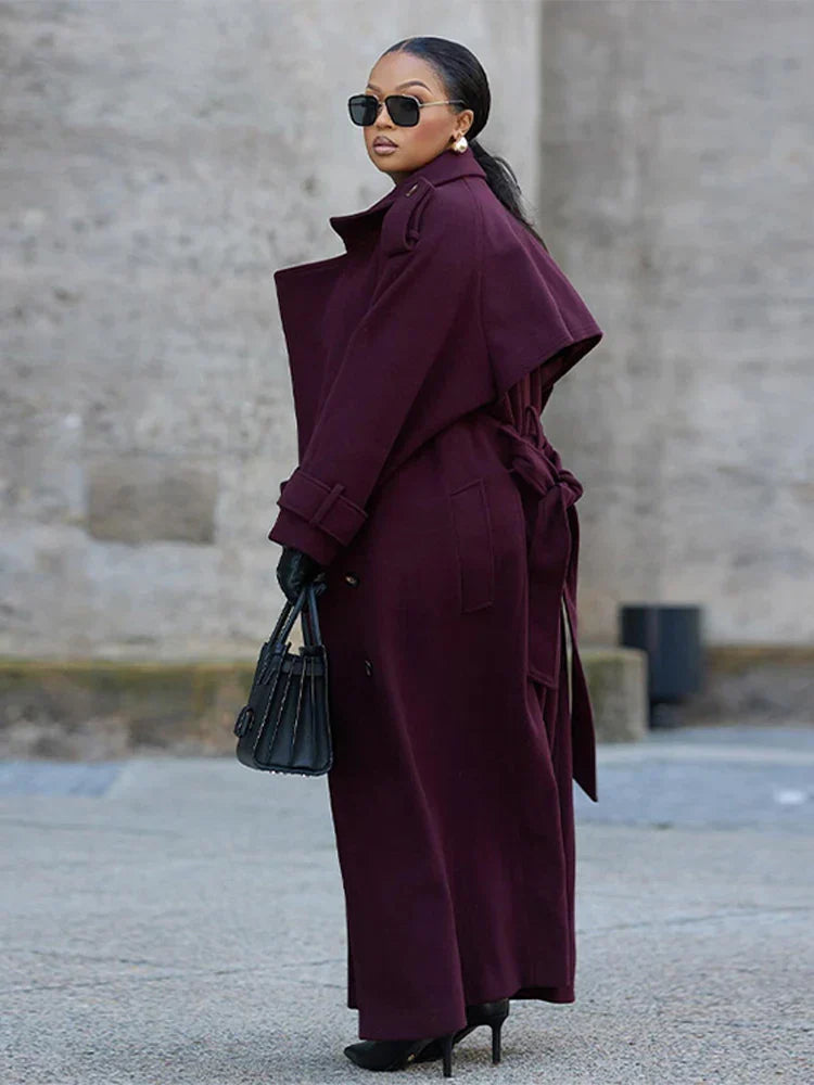 Street Burgundy Woolen Belted Overcoat