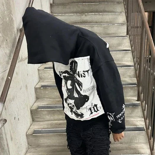 Retro Patch Black Cotton Hoodie