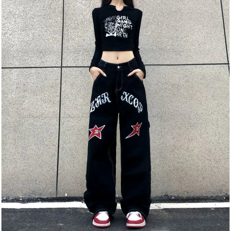 Wide Leg Stars Letter Print Jeans Pants