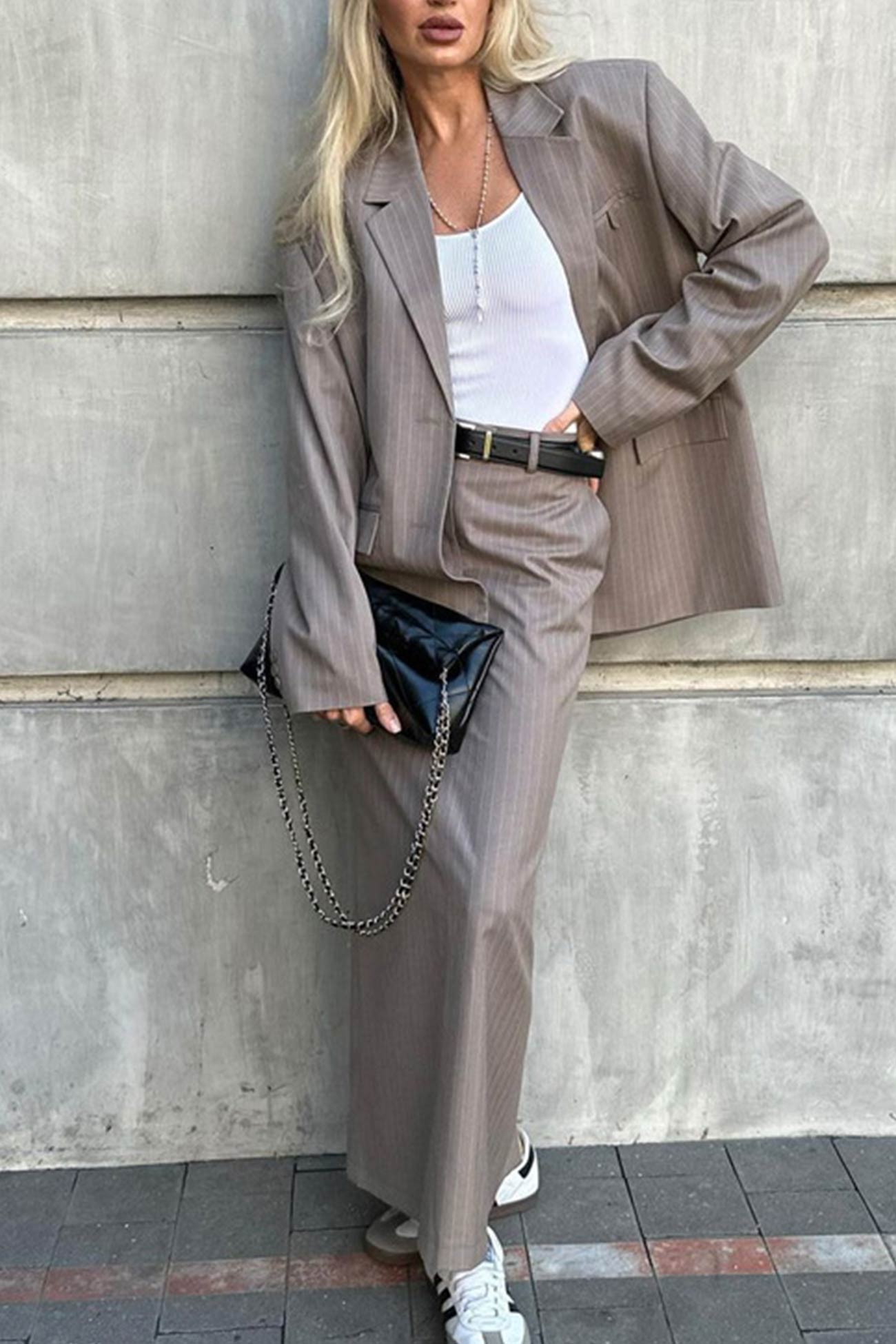 Striped Blazer Midi Skirt Two-piece Outfit - Fashionpara