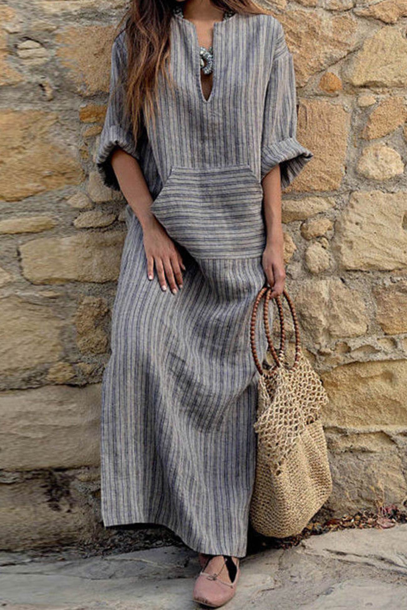 Striped Front Pocket Cotton Linen Dress - Fashionpara