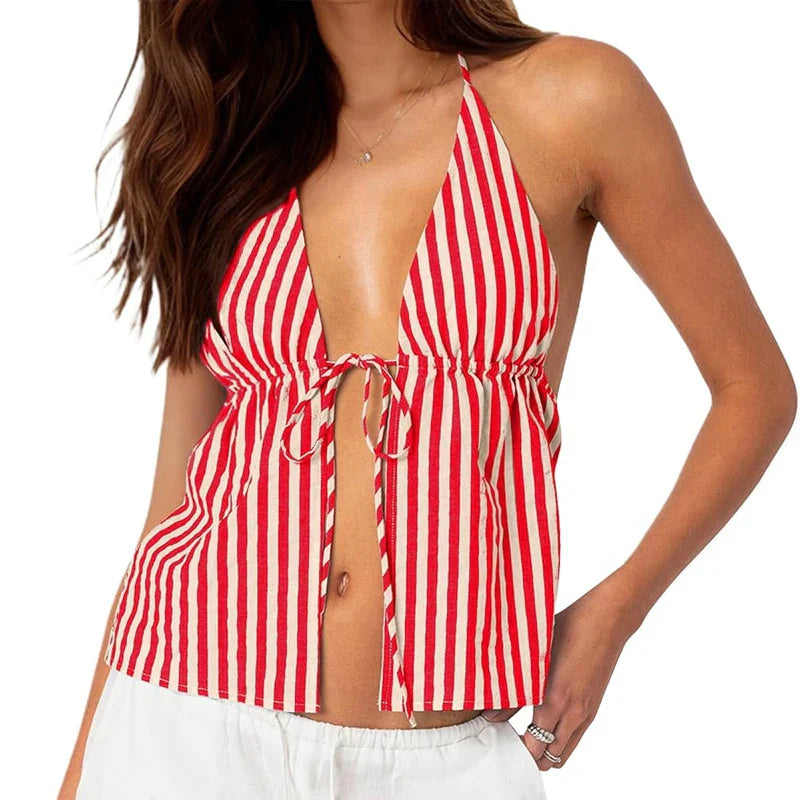 Striped Front Tie Halter Low Cut Crop Top