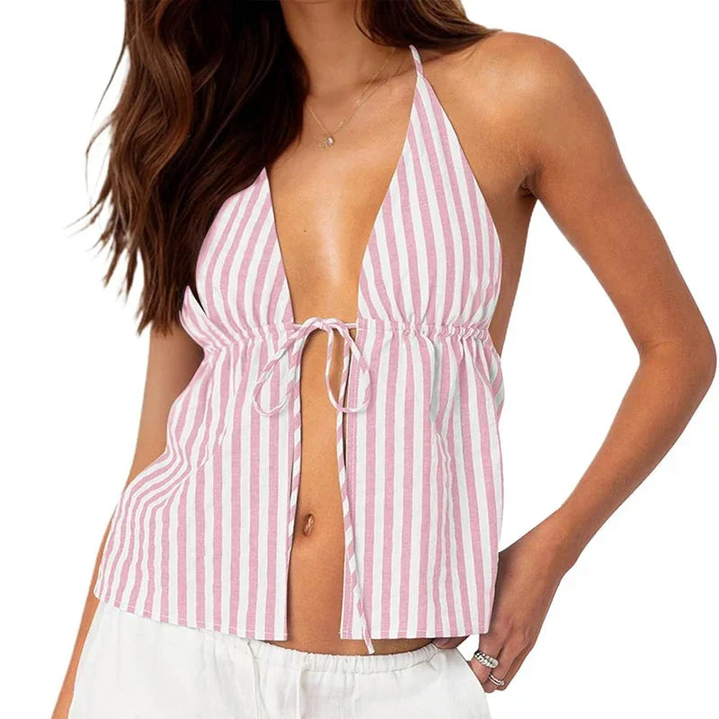 Striped Front Tie Halter Low Cut Crop Top