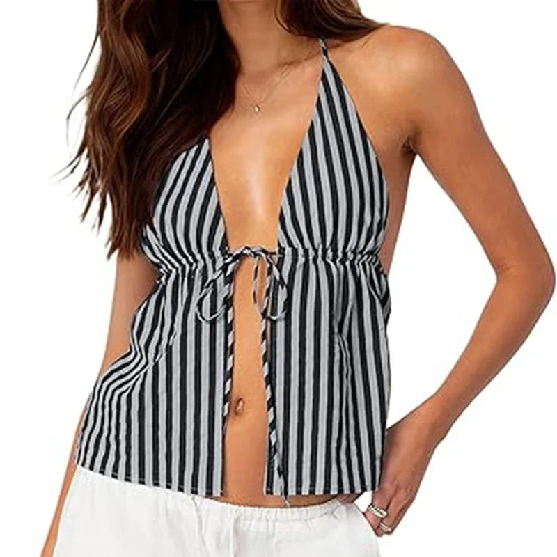 Striped Front Tie Halter Low Cut Crop Top