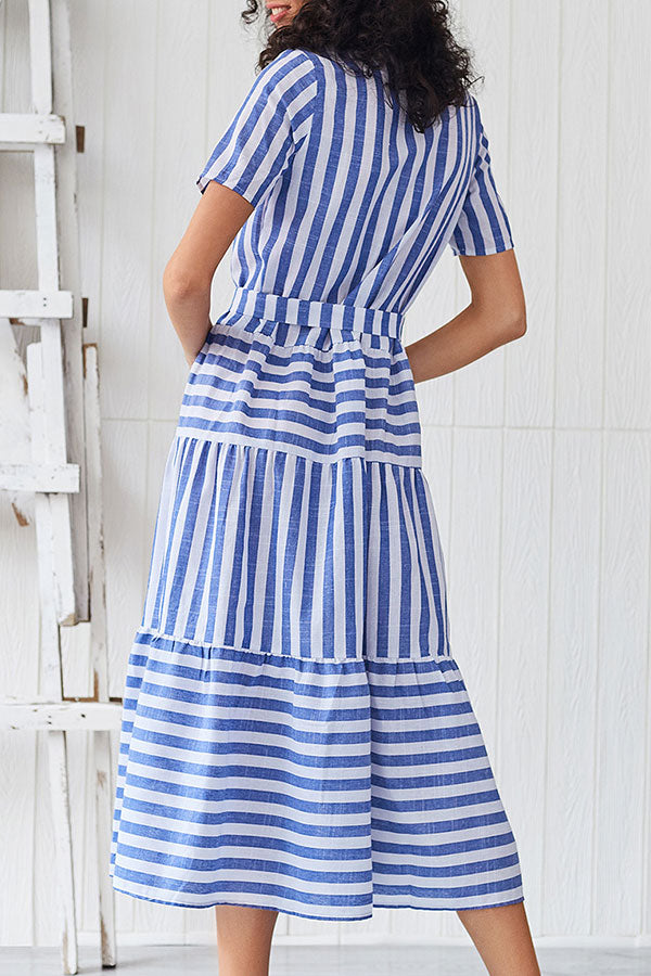 Striped Button Up Belt Shirt Dress