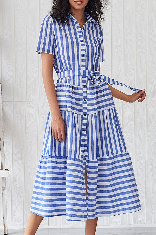 Striped Button Up Belt Shirt Dress - Mislish