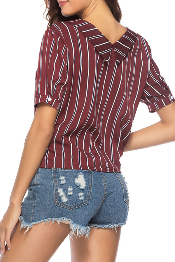 V-Neck Striped String Buttons Shirt - Fashionpara