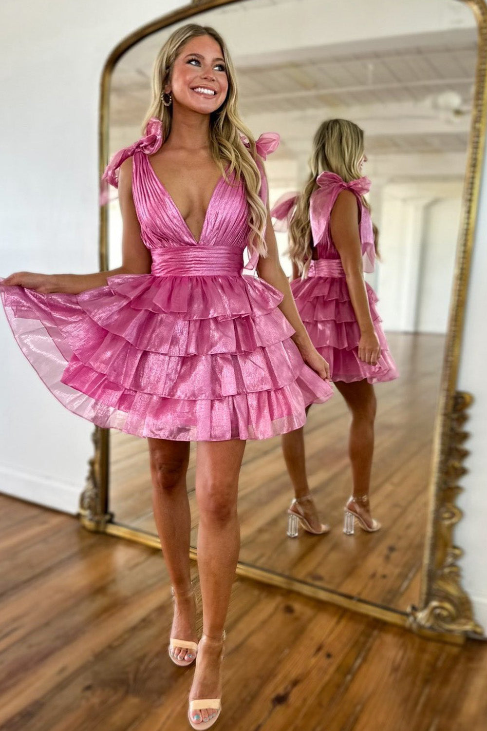 Stunning A-Line Deep V-Neck Short Tiered Satin Homecoming Dress - Fashionpara