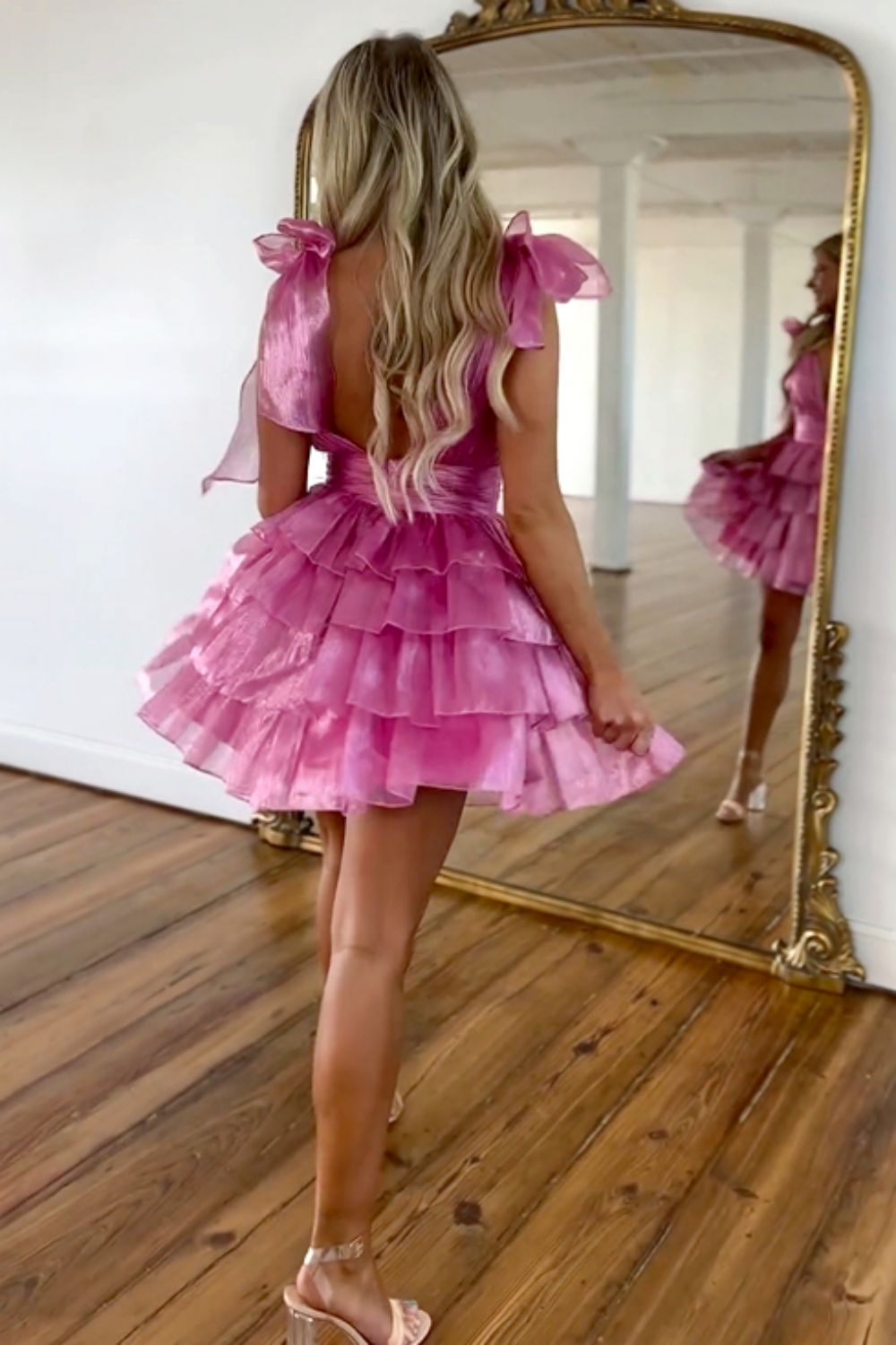 Stunning A-Line Deep V-Neck Short Tiered Satin Homecoming Dress - Fashionpara