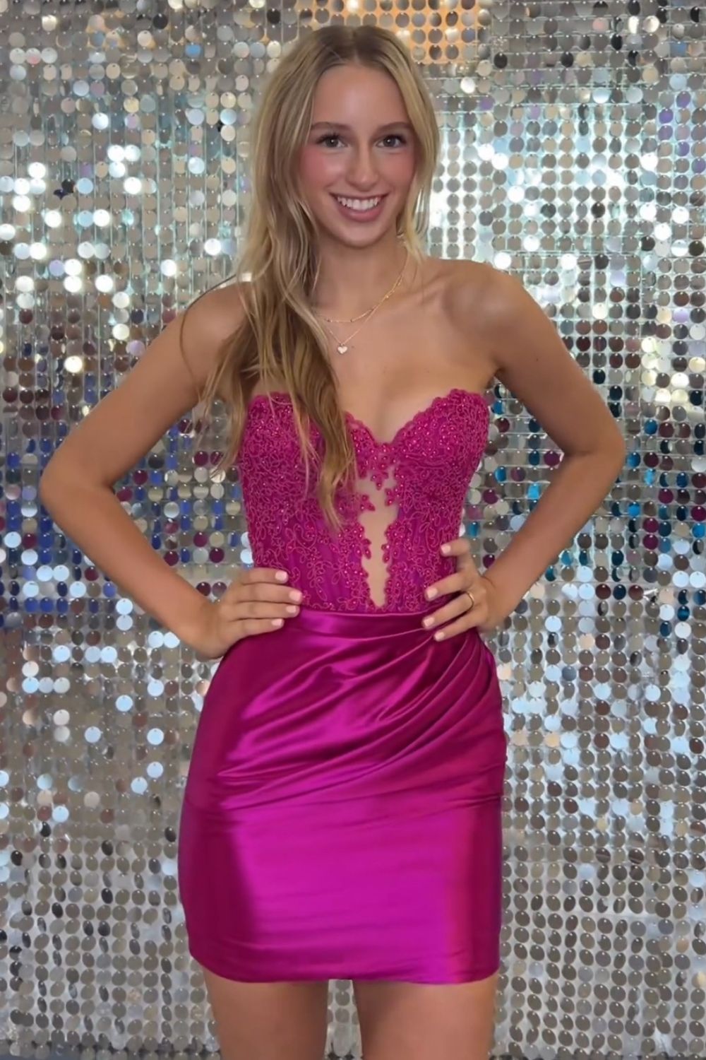 Stunning Fuchsia Bodycon Sweetheart Lace Top Short Satin Homecoming Dress - Fashionpara