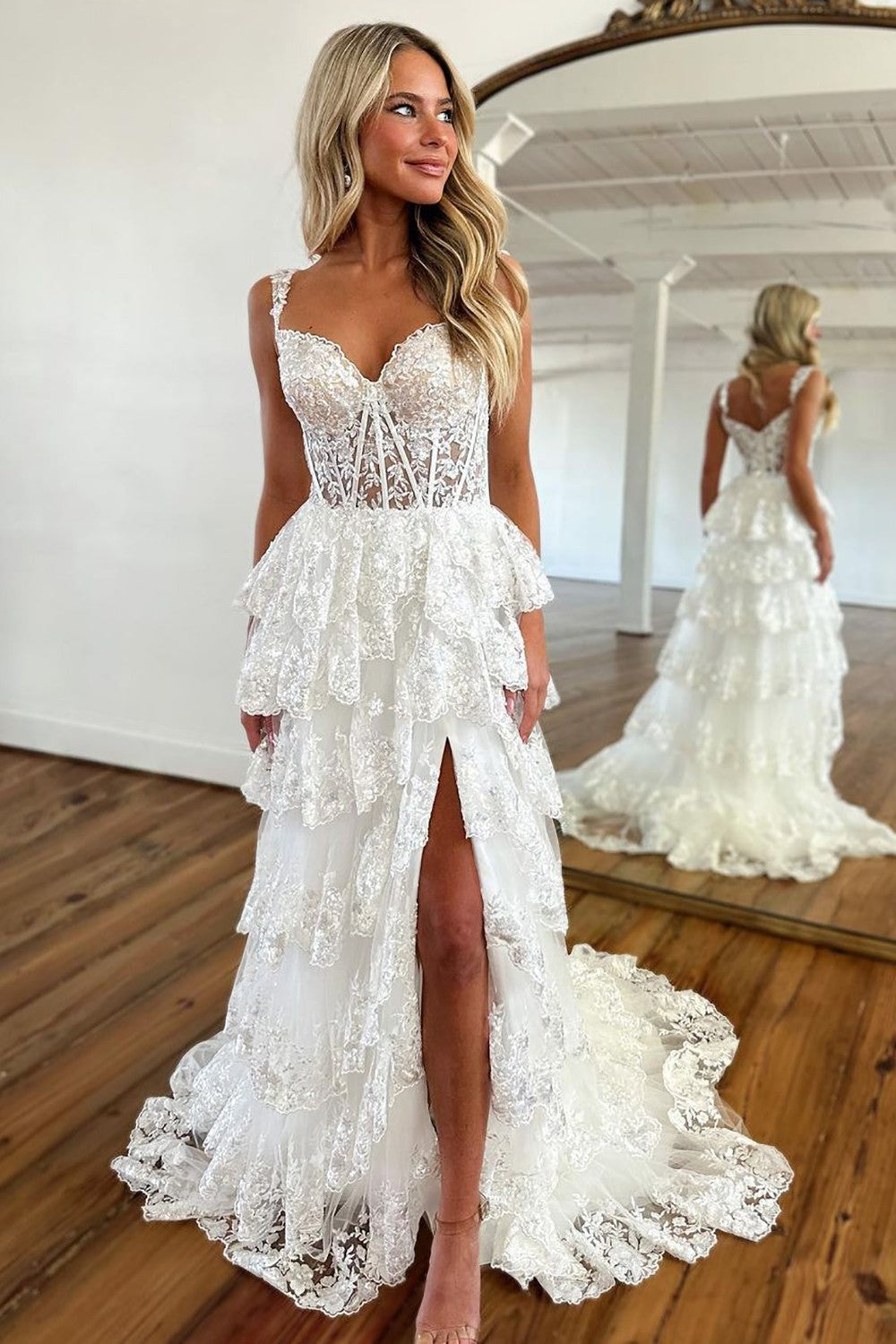 Sparkly Hot Pink A-Line Off The Shoulder Long Tiered Prom Dress With  Appliques