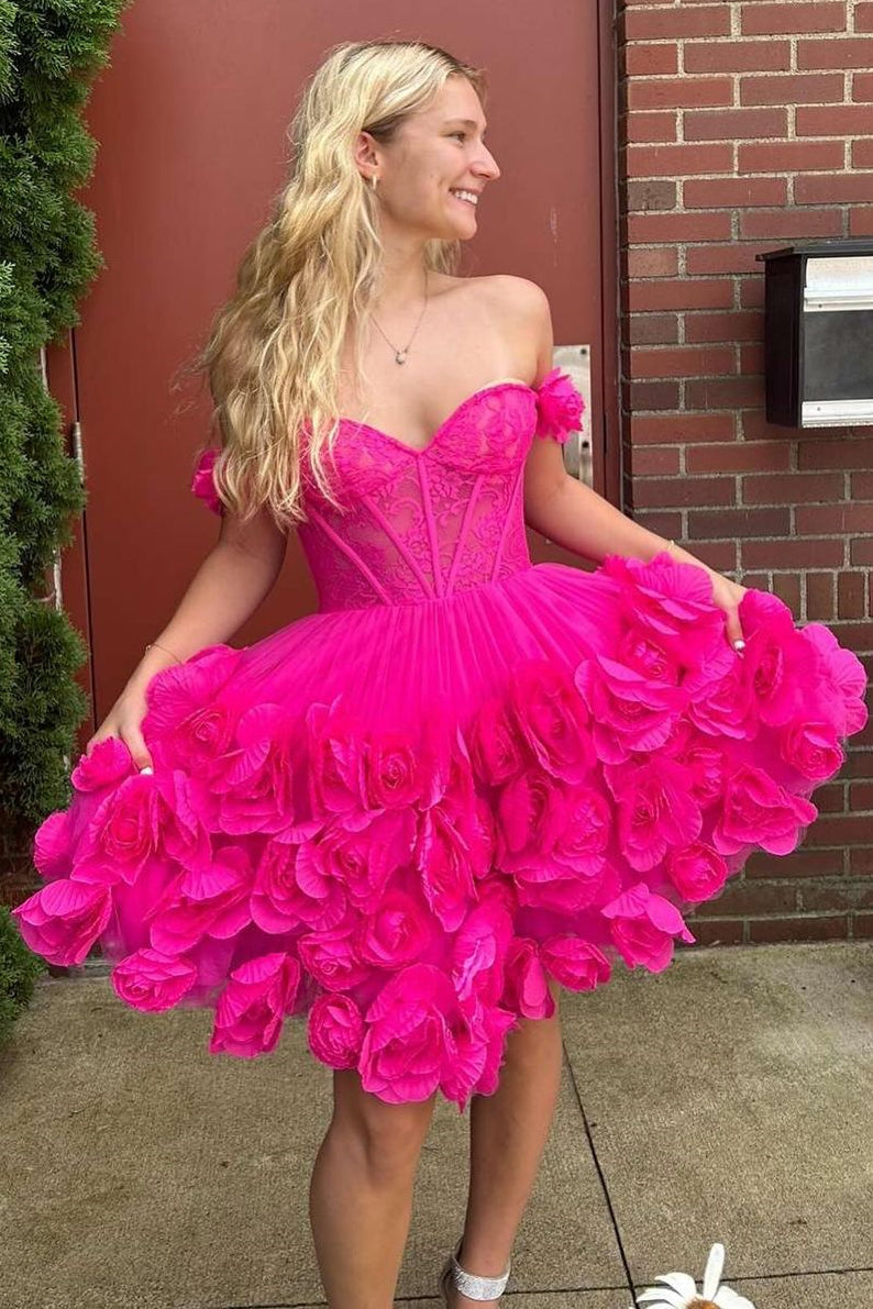 Stunning Hot Pink A-Line Off The Shoulder Short Tulle Homecoming Dress With 3D Flowers