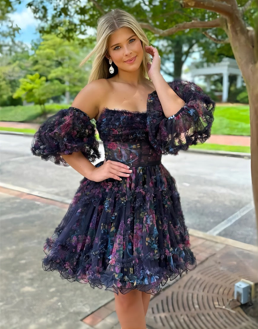 Pretty Black A-Line Homecoming Dress With Detachable Sleeves - Fashionpara