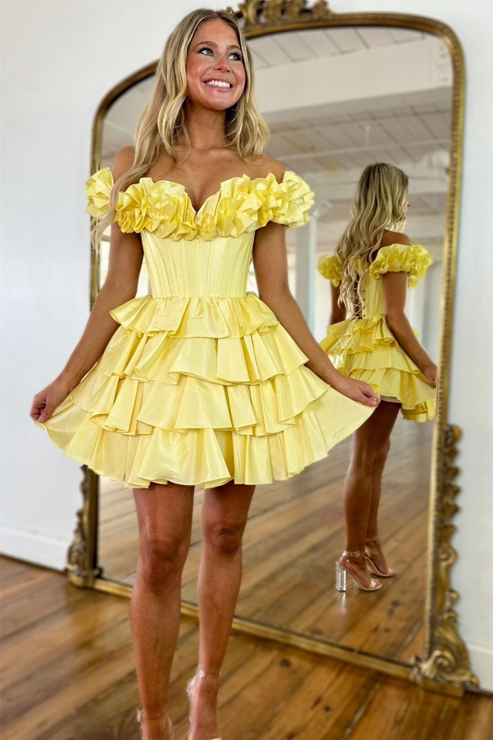 Stunning Yellow A-Line Off The Shoulder Tiered Satin Homecoming Dress - Fashionpara