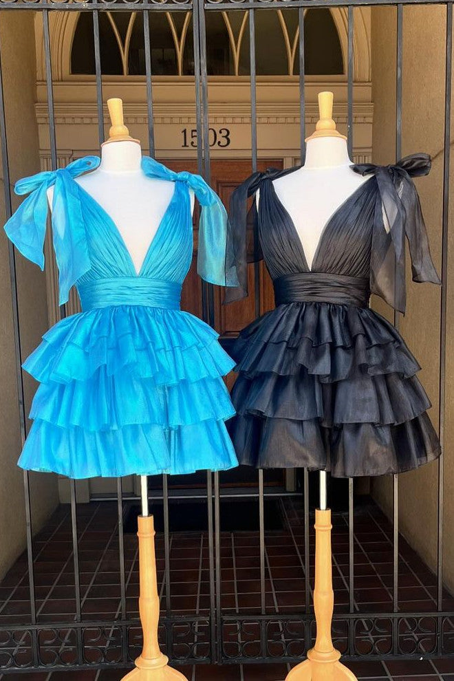 Stunning A-Line Deep V-Neck Short Tiered Satin Homecoming Dress - Fashionpara