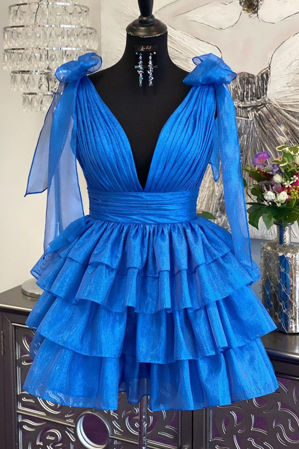 Stunning A-Line Deep V-Neck Short Tiered Satin Homecoming Dress - Fashionpara